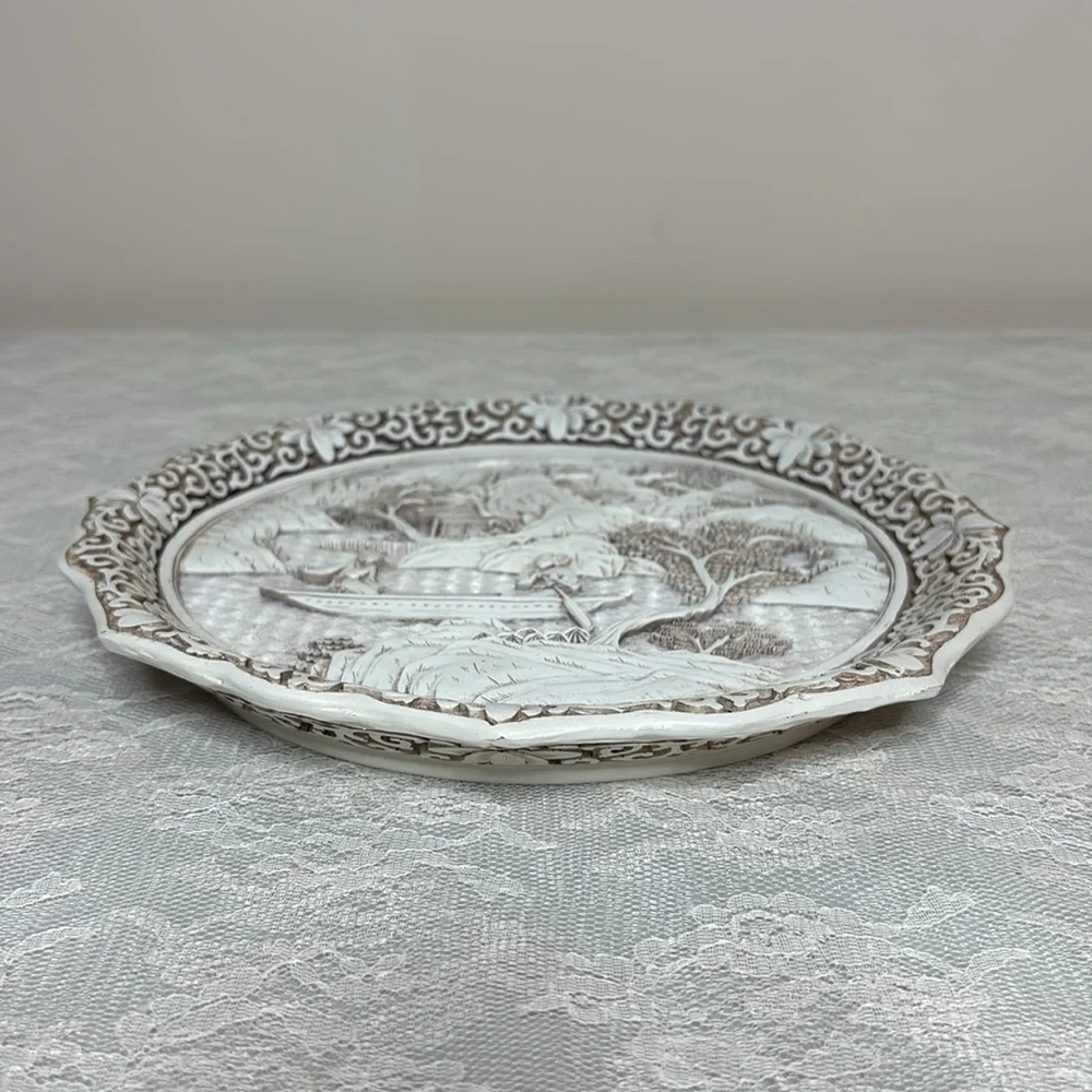 Vintage Asian Plate Ivory Dynasty Carved Art Sculpture Vintage Picture Plate
